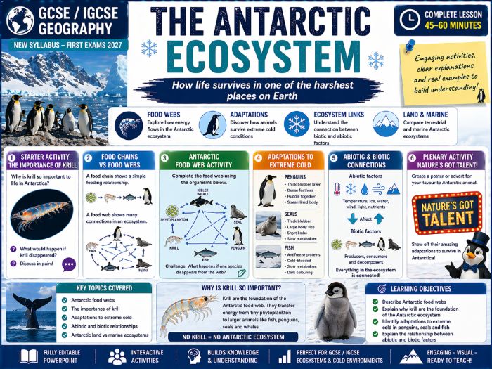 IGCSE Geography Features of the Antarctic Ecosystem Lesson (New Syllabus First Exam 2027)
