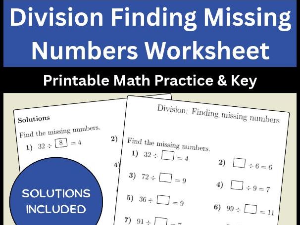 Division Finding Missing Numbers Worksheet Printable Math Practice & Key
