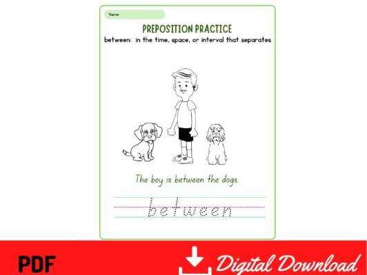 2 Pages Preposition Practice Worksheet (Between)