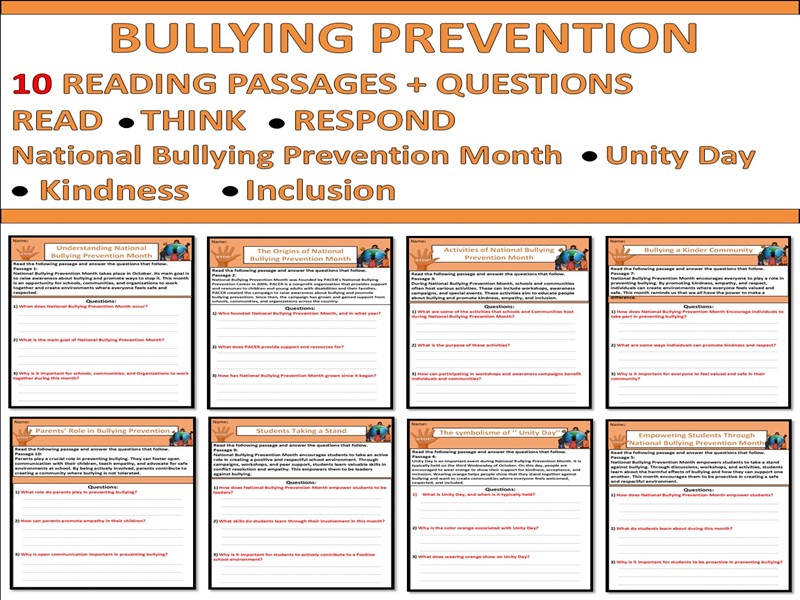 Bullying Prevention Reading Passages 10 Texts + Questions Grades 5-8