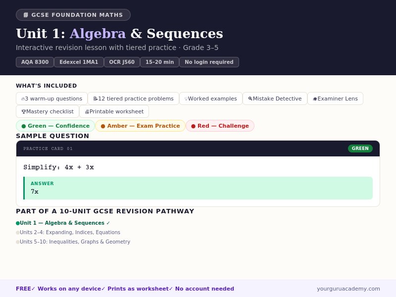 GCSE Algebra & Sequences Worksheet + Interactive Lesson | Foundation Maths (Grade 3–5)