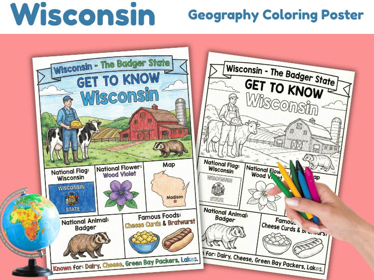 Wisconsin Geography Coloring Poster | State Facts & Symbols