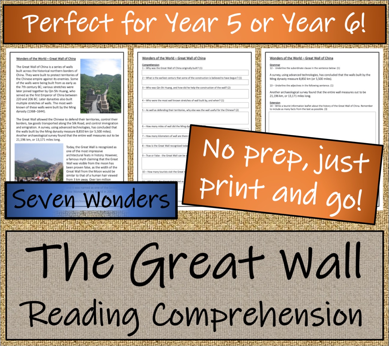 UKS2 Great Wall of China Reading Comprehension Activity Teaching