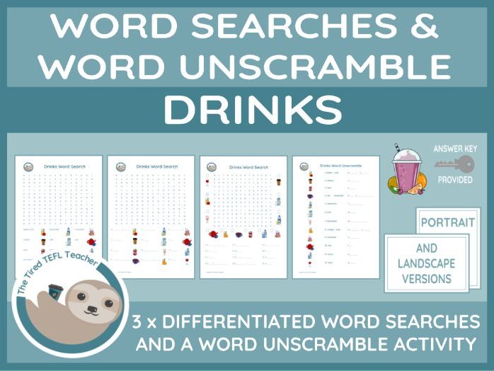 ESL Drinks Differentiated Word Searches and Word Unscramble
