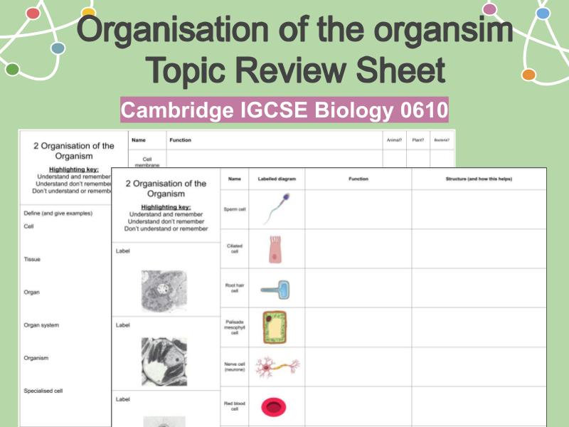 Organisation of the Organism - Topic Review Sheet