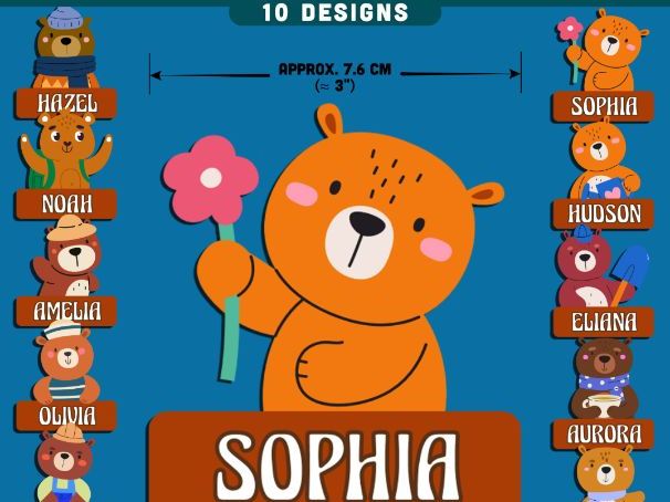 Bear Name Tags, Editable Locker & Cubby Labels, Cheerful Animal Classroom Theme, 10 Designs