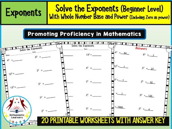 Exponents with Whole Number Bases and Powers (Including Zero as Power) – Beginner Level Worksheets,