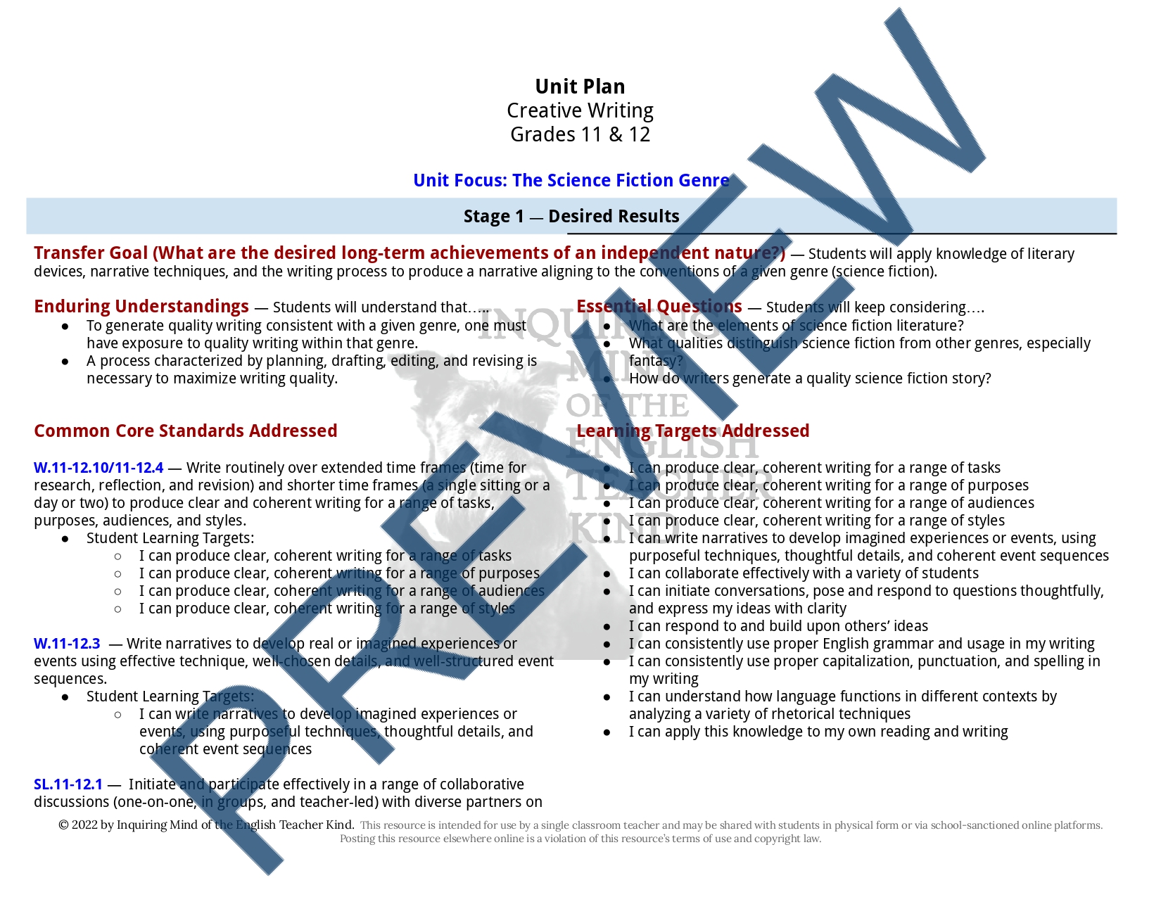 Creative Writing Science Fiction Unit Plan & Materials Teaching
