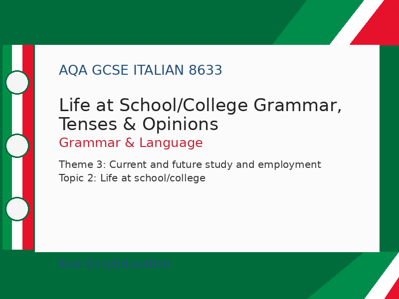 AQA GCSE Italian – Life at School/College Grammar, Tenses & Opinions