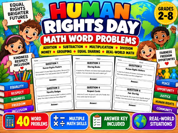 Human Rights Day Math Word Problems | 40 Questions & Answer Key
