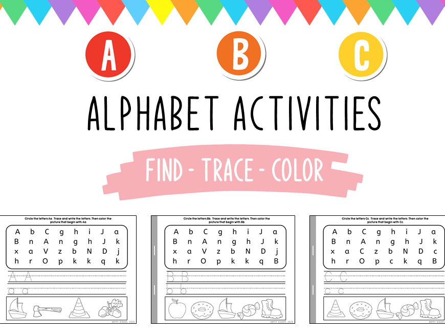 Alphabet Activity: Find, Trace and Colour Letters