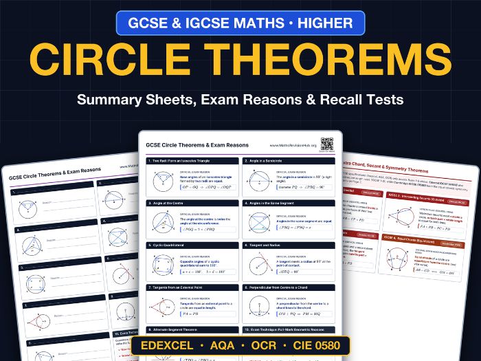 GCSE & IGCSE Maths Circle Theorems Summary Sheets, Official Exam Reasons & Recall Worksheets