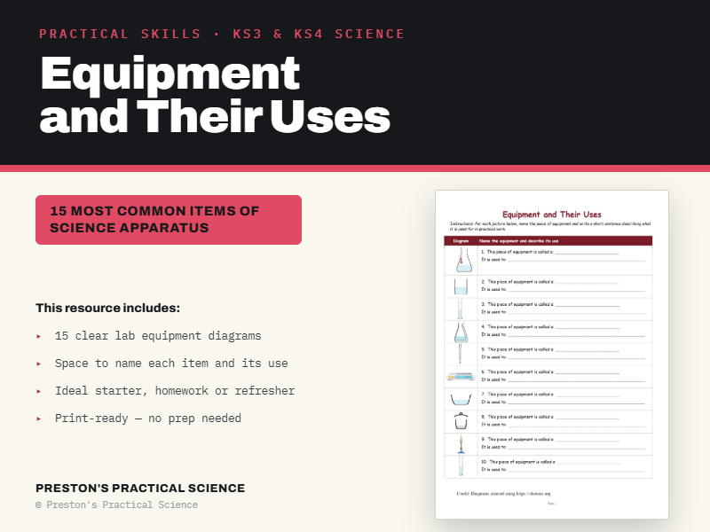 Lab Equipment and Uses: KS3 Science Apparatus Worksheet