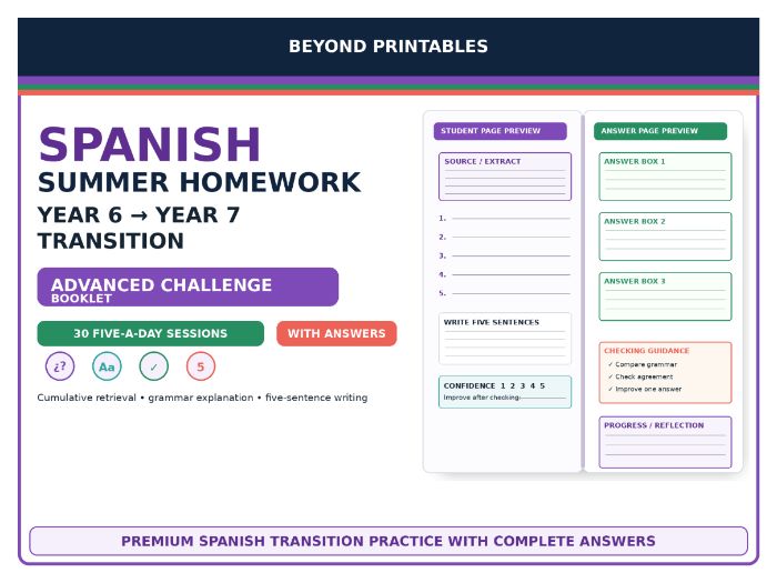 Spanish Summer Homework Booklet: Year 6 to Year 7 Transition Advanced Challenge with Answers