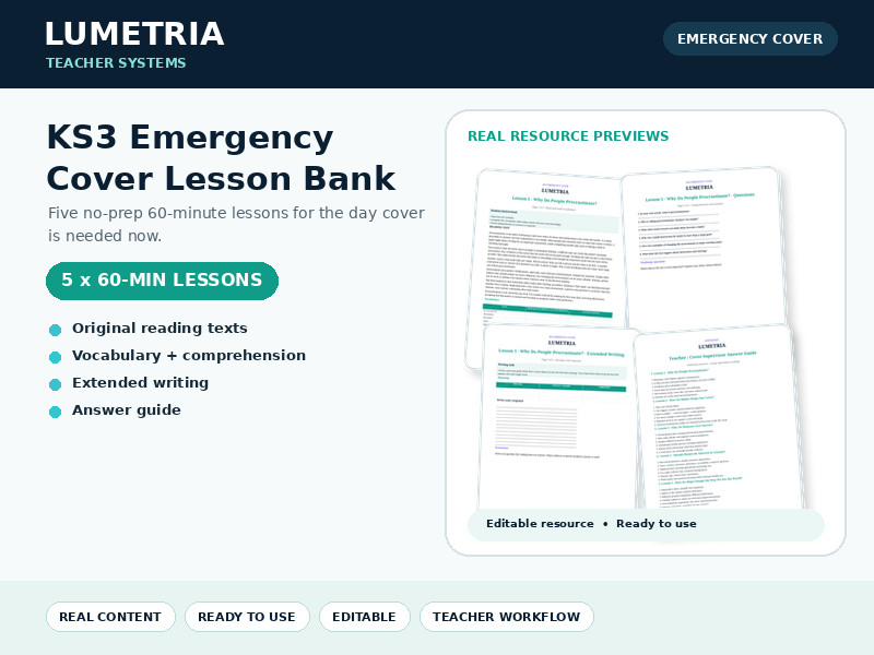 KS3 Emergency Cover Lesson Bank | 5 x 60-Minute No Prep Independent Lessons
