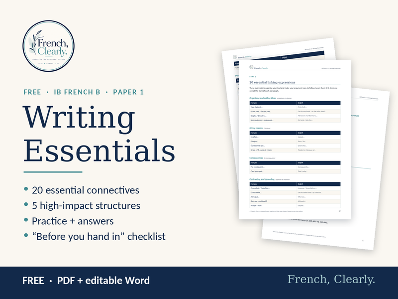 FREE IB French B Writing Essentials – 20 Connectives, 5 Complex Structures & Checklist (Paper 1)