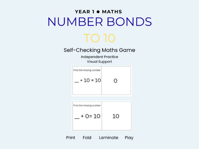 Number Bonds to 10 - Self-Checking Maths Game | Year 1