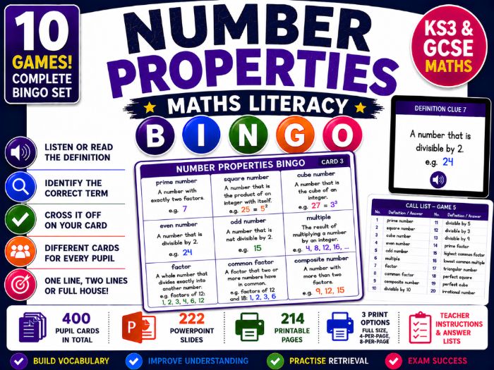 Number Properties Maths Literacy Bingo | KS3 & GCSE Vocabulary | 10 Games