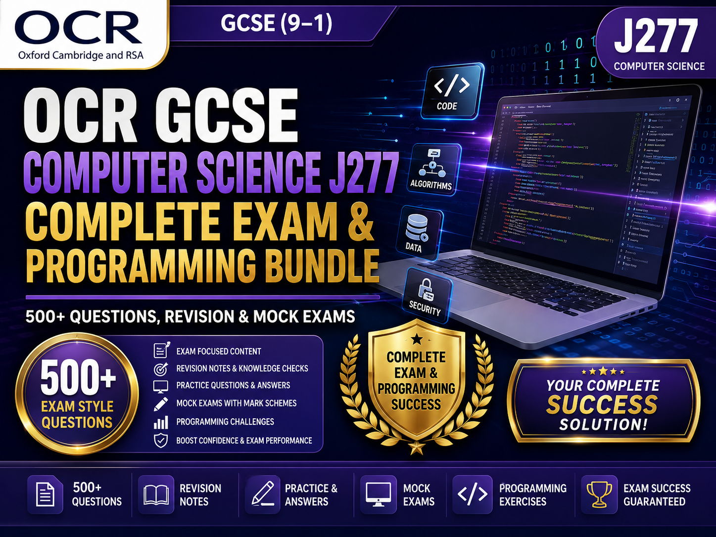 OCR GCSE Computer Science J277 Complete Exam & Programming Bundle | 500+ Questions, Revision & Mock Exams