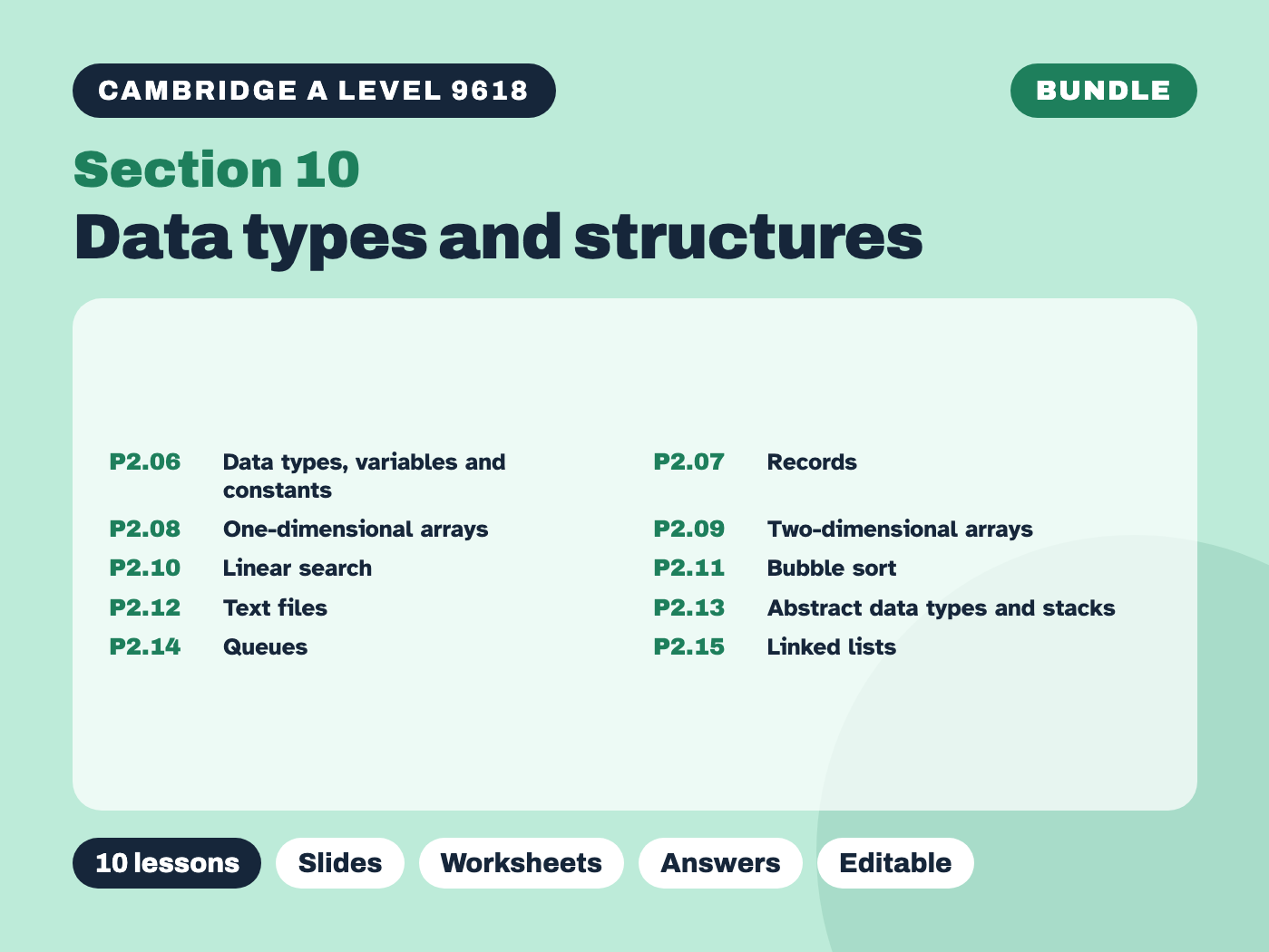 Cambridge A Level Computer Science 9618 – Section 10 Data types and structures – Bundle (10 lessons)