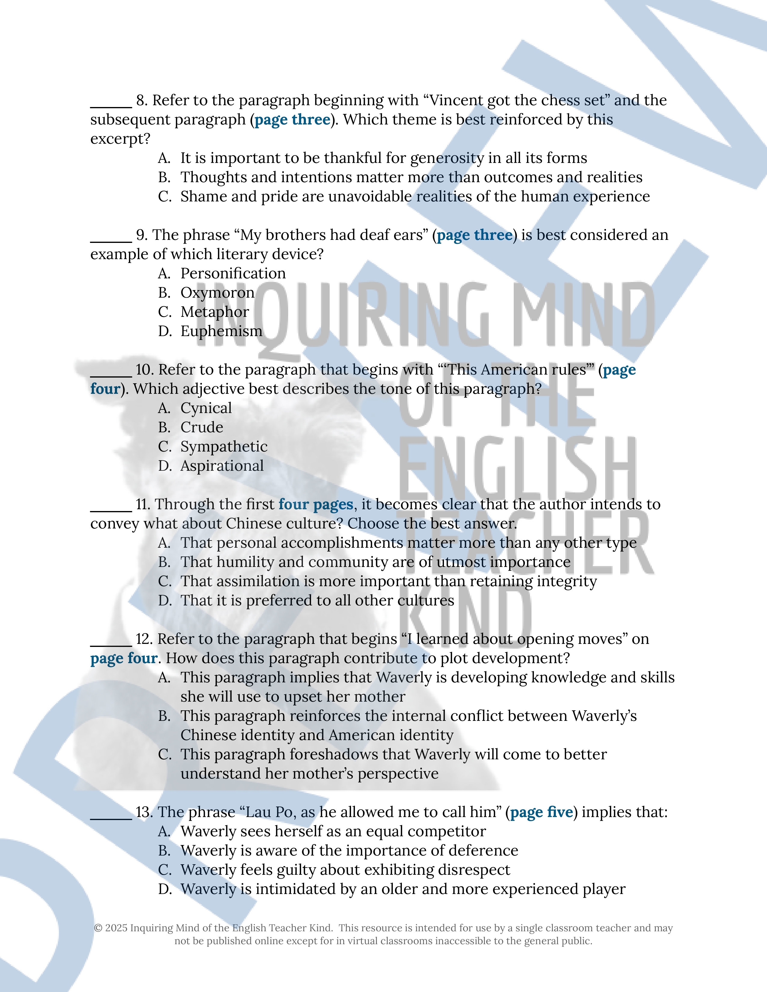 "Rules of the Game" by Amy Tan Close Reading Analysis Worksheet ...