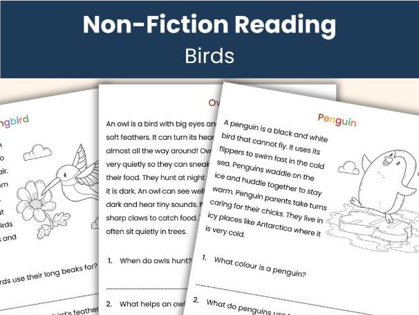 Feathered Creatures Reading Comprehension Workbook | Non Fiction Passages | Printable Worksheets