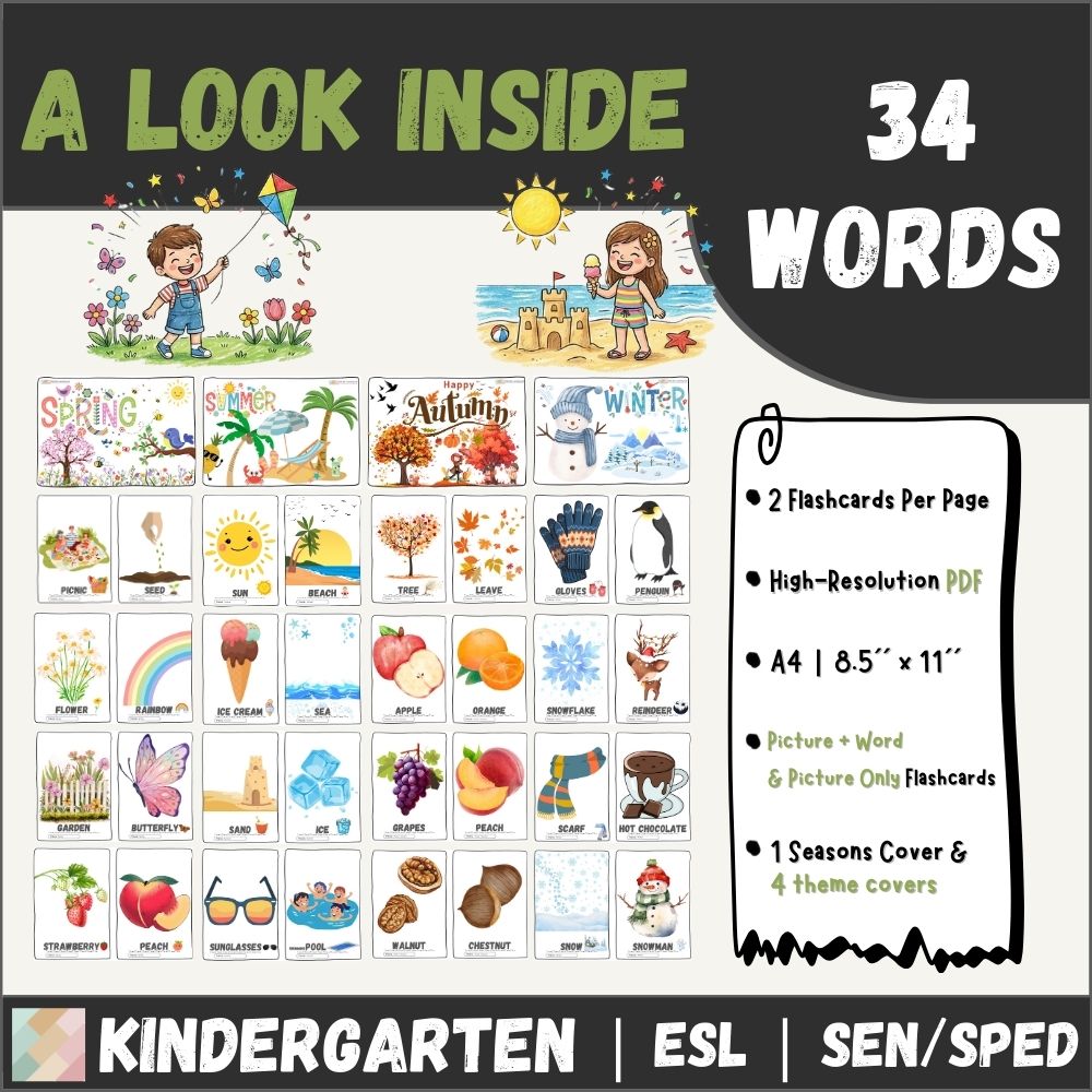 Seasons Flashcards for ESL | Spring Summer Autumn Winter Vocabulary | K ...