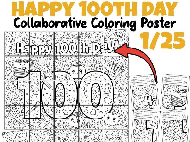 Happy 100th Day Collaborative Coloring Poster | 100 Days of School Activity
