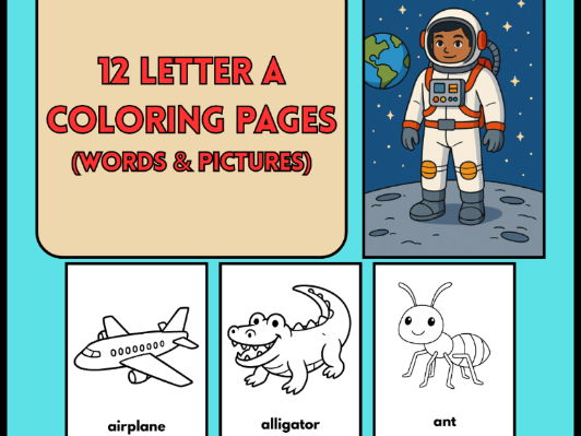 12 Letter A Coloring Pages Words & Pictures