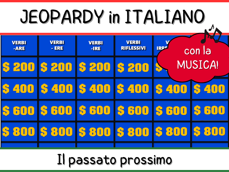 Italian Jeopardy -- Passato prossimo verbs -- PPT Game with music!