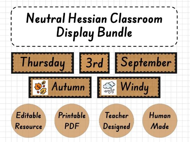 Hessian Classroom Display Bundle | Editable Signs, Labels, Calendar, Alphabet & Numbers