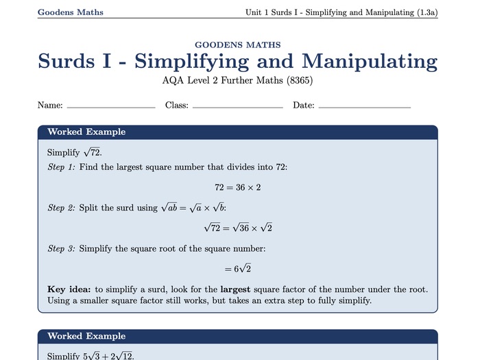 Surds - Simplifying and Manipulating Worksheet