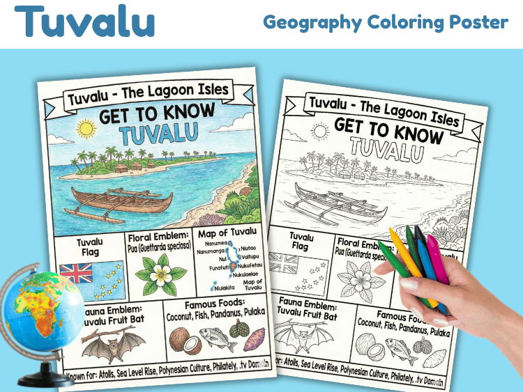 Tuvalu Geography Coloring Poster | Country Facts & Map Worksheet
