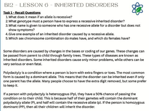 B12/L6 - Inherited Disorders Lesson Worksheet With Answers / GCSE / AQA/ Combined Science