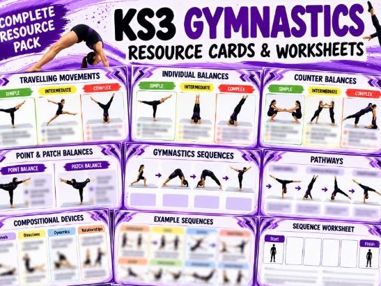 18 KS3 Gymnastics Task Cards & 2 Worksheets, PE - Balances, Travels, Sequences