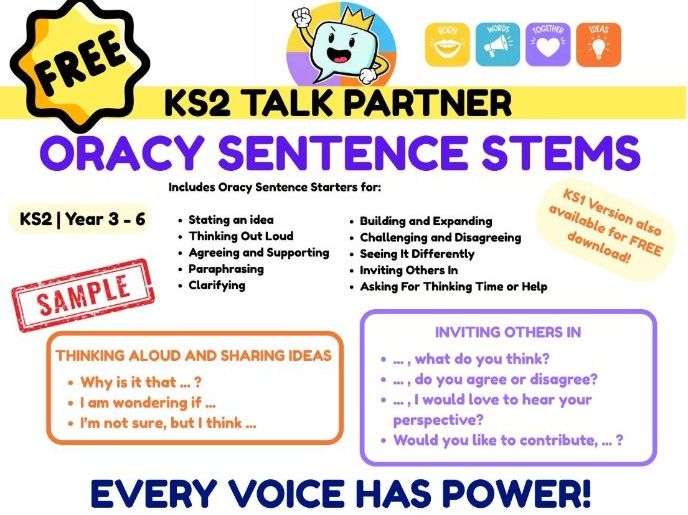 FREE KS2 Oracy Sentence Stems | Talk Partner Prompts | Speaking & Listening Discussion Mats