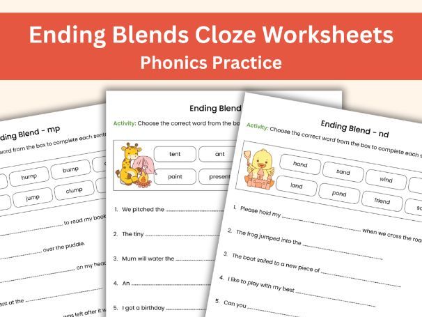 Ending Blends Cloze Sentences Workbook – Phonics Practice Worksheets for Kids Aged 5-7