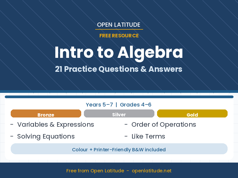 Intro to Algebra — 21 Practice Questions & Answers (Free Worksheet)