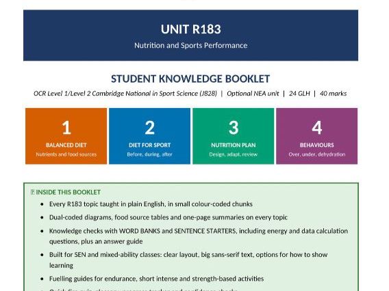 OCR Cambridge National Sport Science R183 | Nutrition & Sports Performance | NEA Workbook