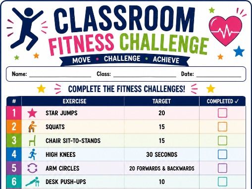 Classroom Fitness Challenge Worksheet | Indoor PE Activity | No Equipment Physical Education | KS1/2