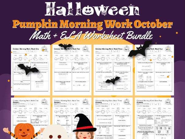 First Grade Pumpkin Morning Work October | Math + ELA Worksheet Bundle | Halloween Theme