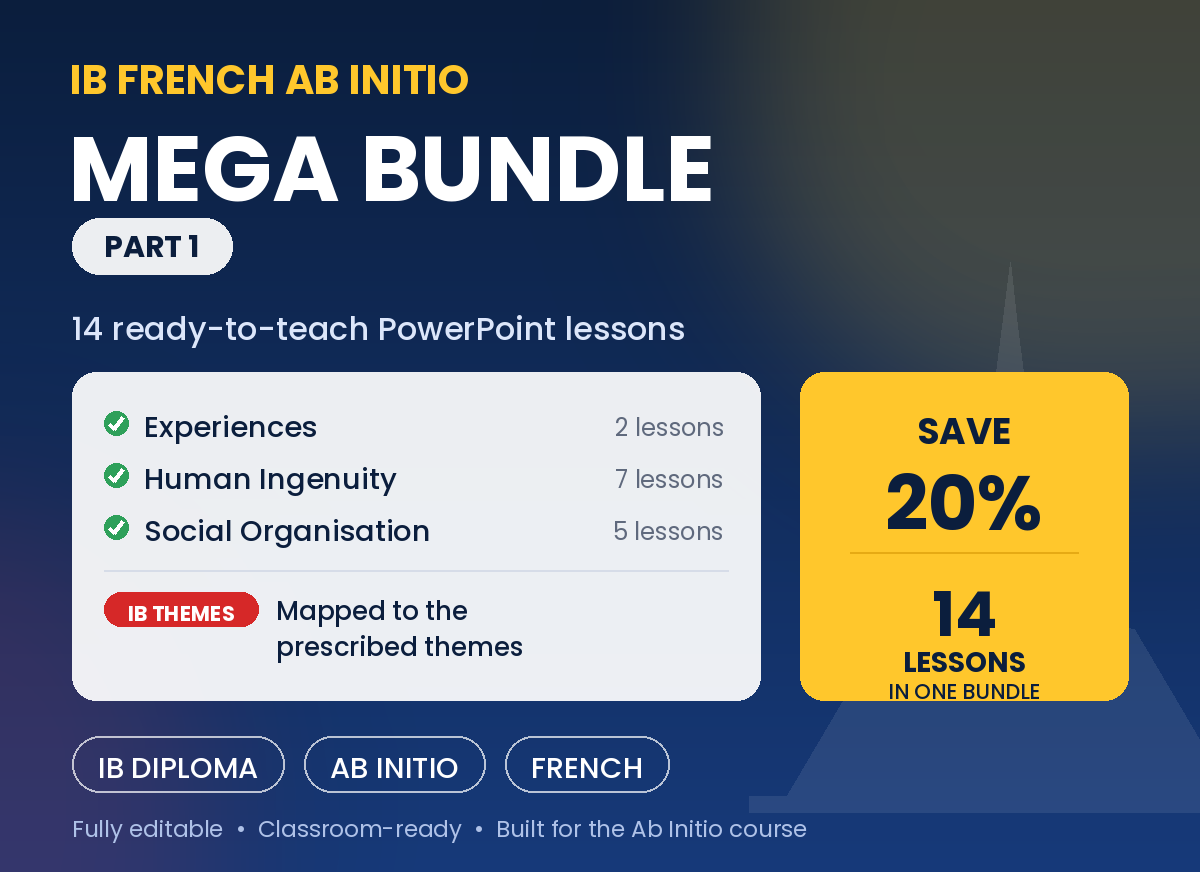 "IB French Ab Initio MEGA BUNDLE (Part 1) - 14 PowerPoint Lessons - Identities, Experiences, Human Ingenuity & Social Organisation"