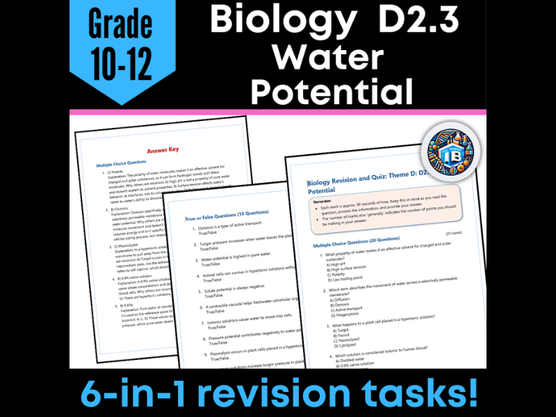 IB DP Biology D2.3 Water Potential Quiz and Revision Worksheets 2026