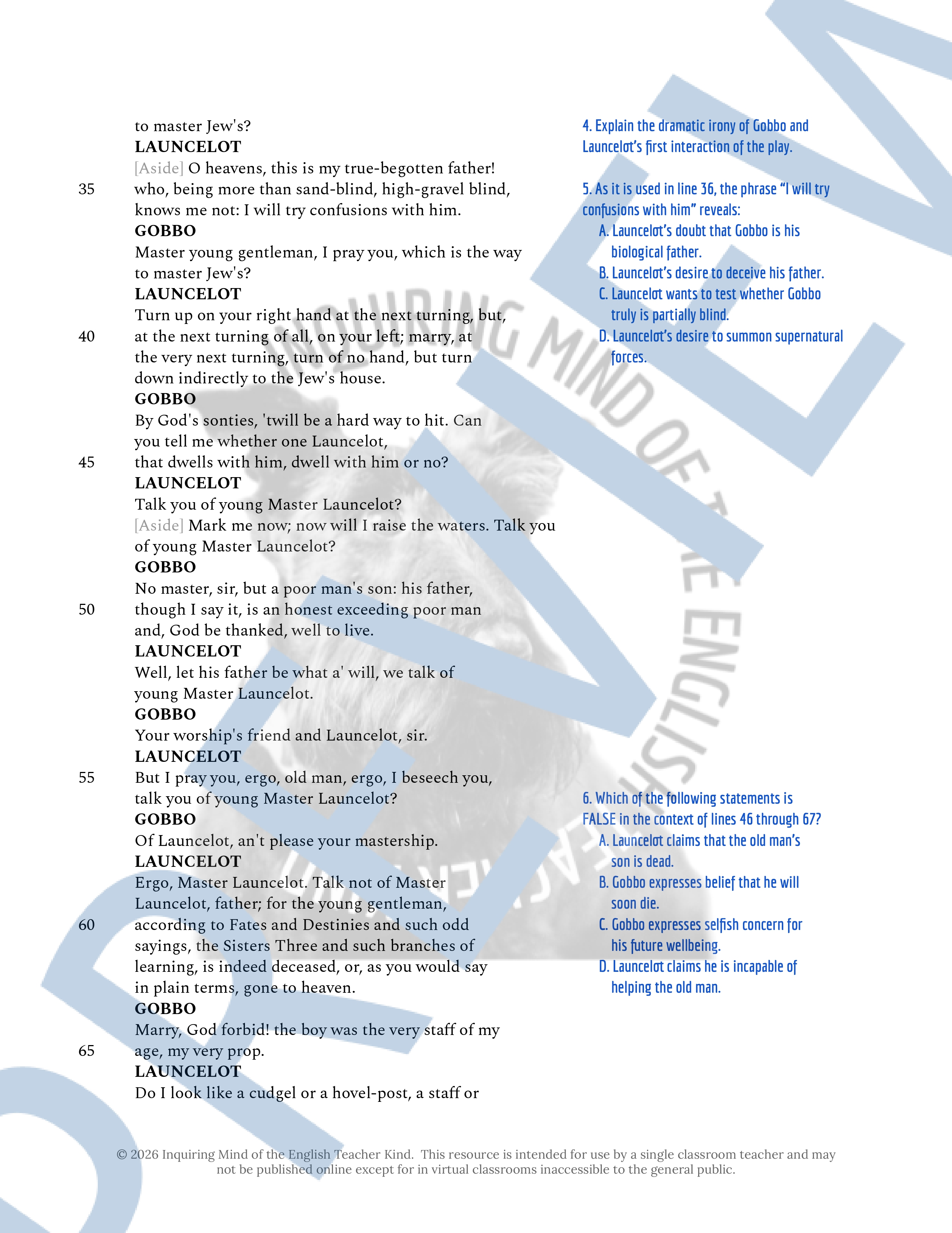 The Merchant of Venice Act 2 Scene 2 Close Reading Analysis Worksheet ...