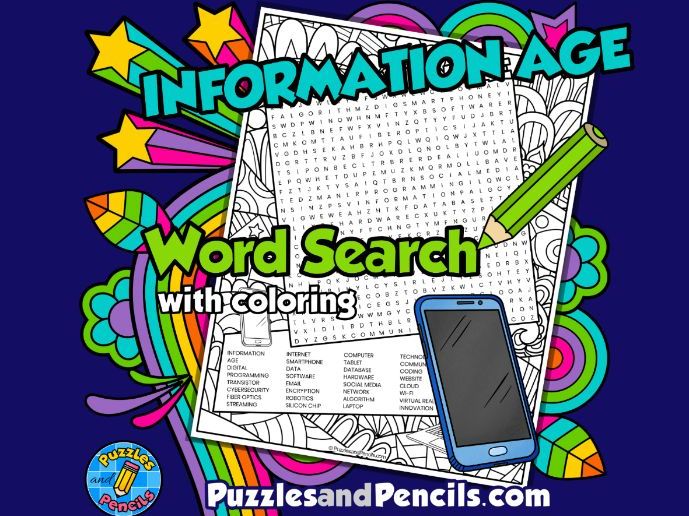 Information Age Word Search Puzzle Activity with Colouring | Eras in World History