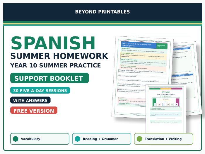 FREE Spanish Summer Homework Booklet: Year 10 Summer Practice Support with Answers