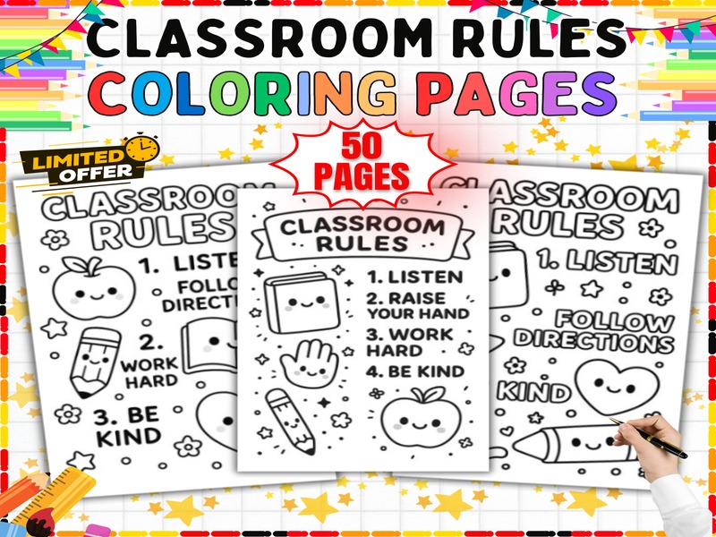 Classroom Rules Coloring Pages | 50 Sheets | Back to School Classroom Management