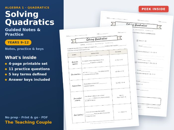 Solving Quadratics Guided Notes & Practice | Years 9-12