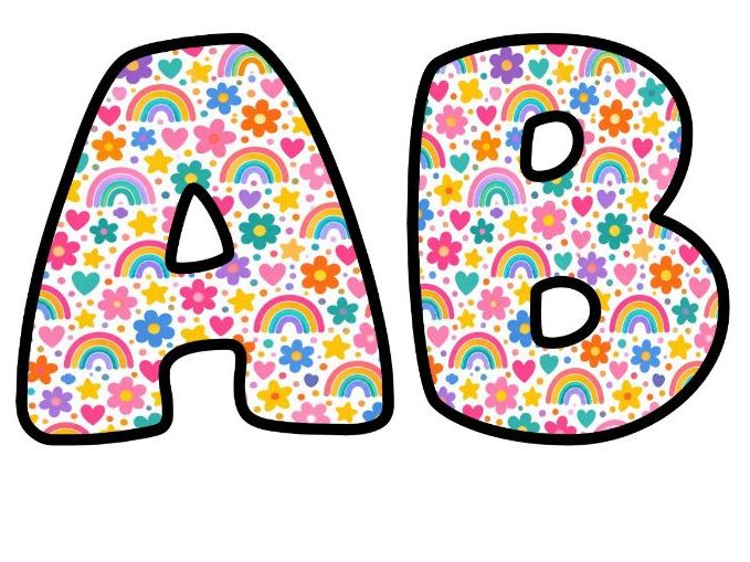 Rainbows Flowers and Hearts Bubble Letters | Rainbow Bulletin Board Letters | Classroom Display Pack
