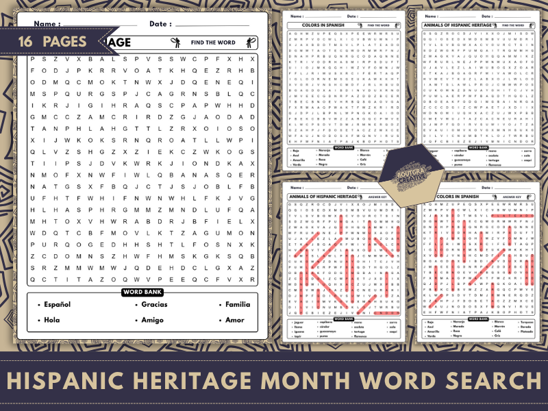 Hispanic Heritage Month Word Search – 8 Printable Worksheets + 8 Answer Keys
